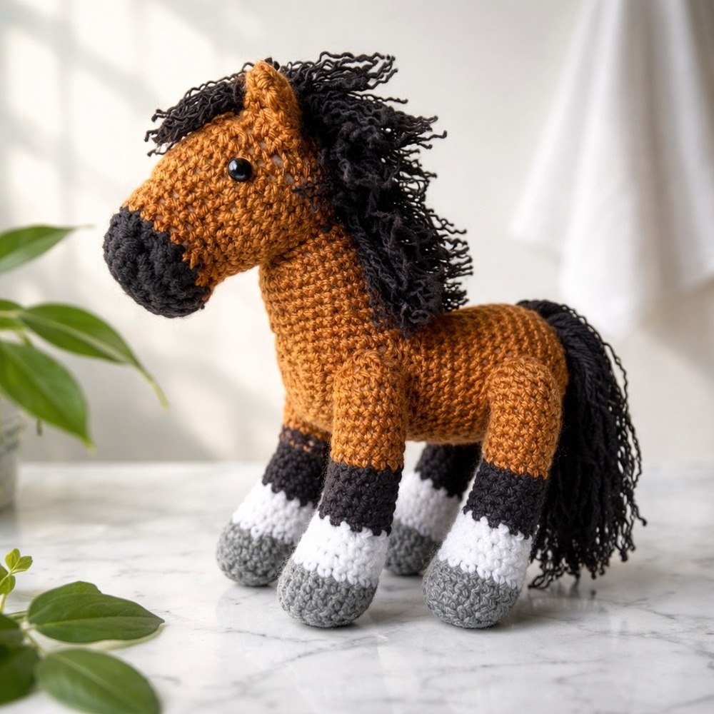 Handmade Crochet Horse Plush‎ Brown Amigurumi Stuffed Animal Toy 10 Inch